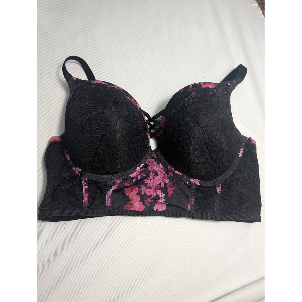 Torid Curve Black Lace Pink Floral Longline Push-Up Bra 38DDD Strappy  667